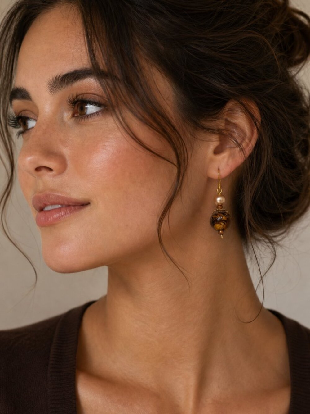 Handcrafted Amber & Black Swirled Glass Drop Earrings Elegant Pearl Accent